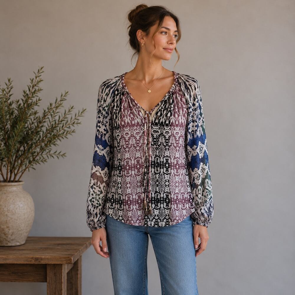 Ramy Brook White Pink Maroon Blue Snake Print Silk Top Medium